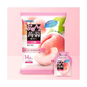 Pack of Orihiro peach jelly snacks in pink packaging with peach image and Japanese text; peach-flavored fruit jelly.
