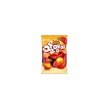 Korean snack bag with orange and red packaging showing glossy red fruits and bold white Korean text on the front.
