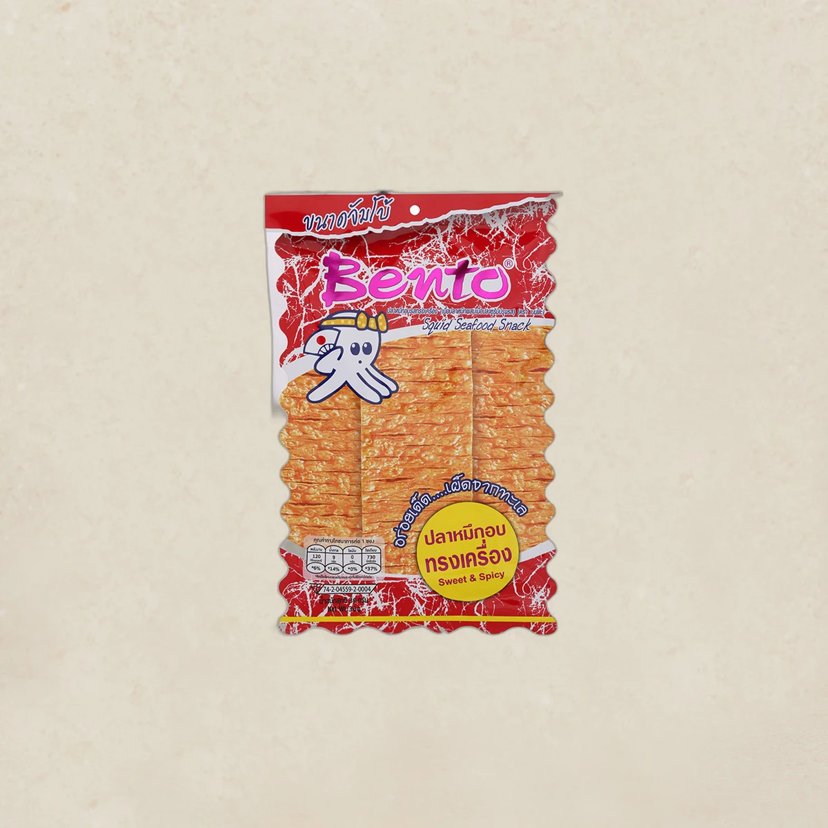 mall_ref601_1786450359.webp Front of a red Bento squid seafood snack package with a cartoon squid and a purple logo on a beige background, flavor Sweet & Spicy in a yellow circle.