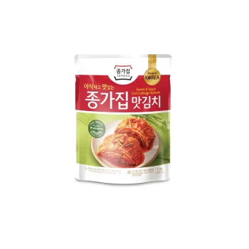 Bag of Jongga premium kimchi with red header, white top, and photo of kimchi on the front